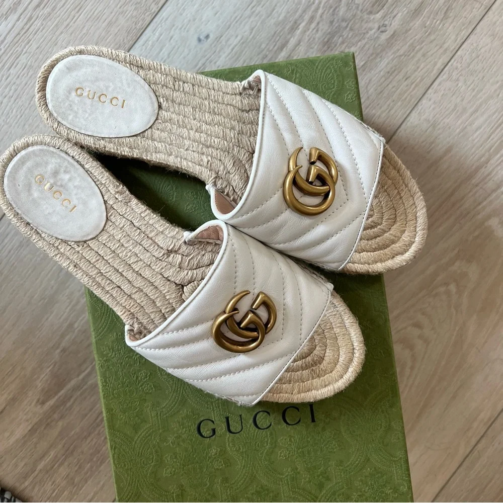 Gucci Pilar GG Matelasse Leather Espadrille Slides – White